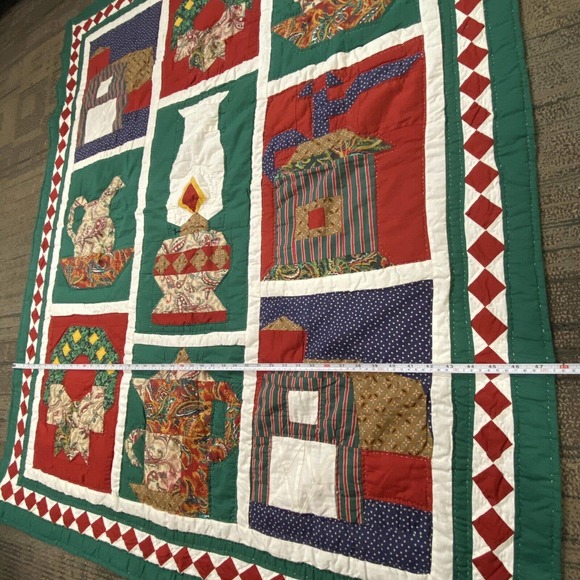 American Pacific Hand Quilted Green Christmas Holiday Themes Blanket 58” X 48” - Picture 4 of 12